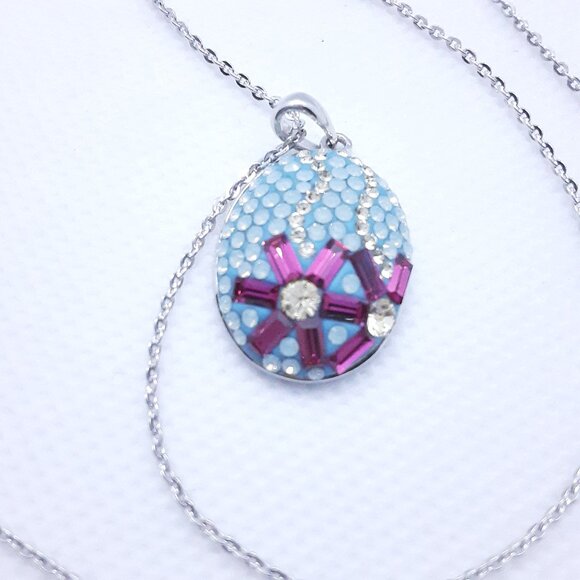 16 inch sterling silver chain and pendant auqa blue and fusha colors and cz's - Picture 3 of 9